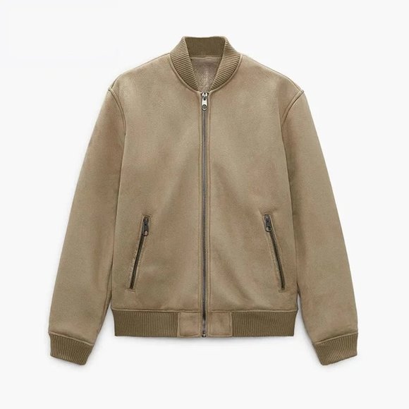Zara Men's Faux Suede Bomber Jacket Beige Sz XS - Picture 8 of 11